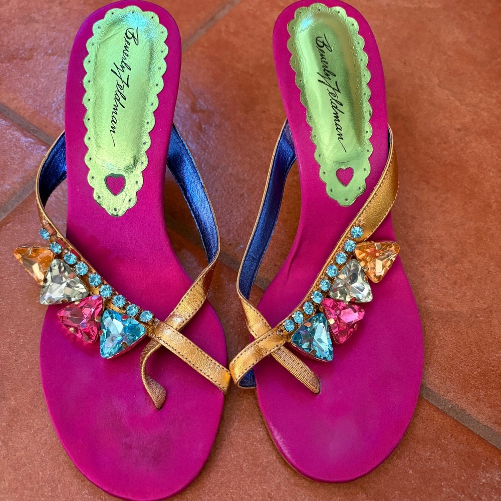 Beverly Feldman Jeweled Pink & Gold Suede Sandals Heels – Size 7
